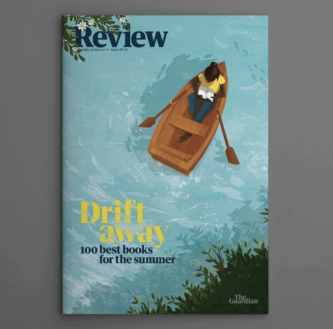 Kerry Hyndman, Drift Away editorial relaxing illustration of a boat and female character by Kerry Hyndman